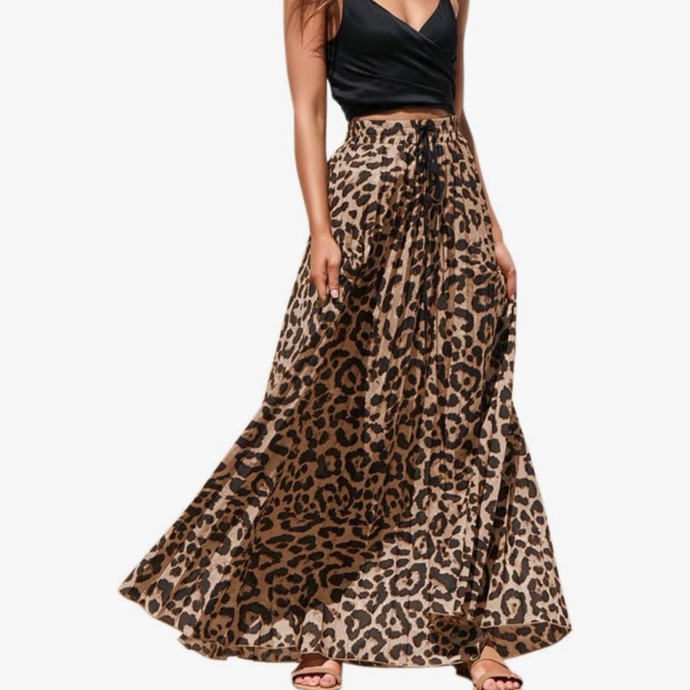 Leopard Print Maxi  Chiffon Skirt Pleated High Waisted